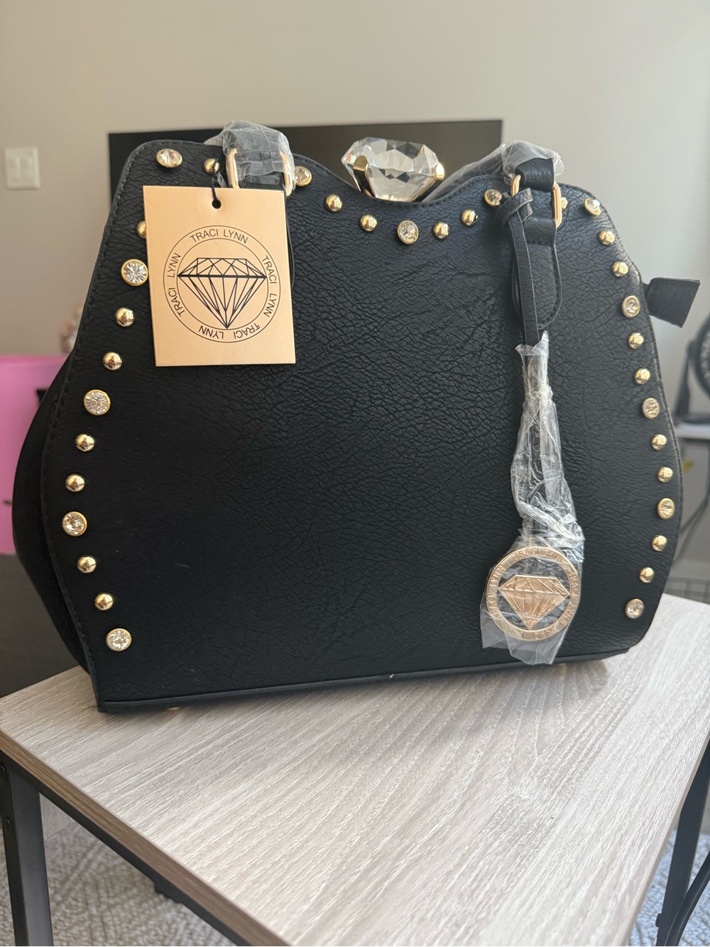 Traci Lynn Black Studded Dome Handbag Set w Matching Wallet Crystal Diamond Top - Picture 4 of 15